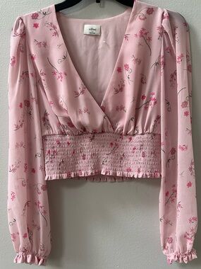 Aritzia Wilfred Wistful Smocked Floral Crop Blouse Pink Small